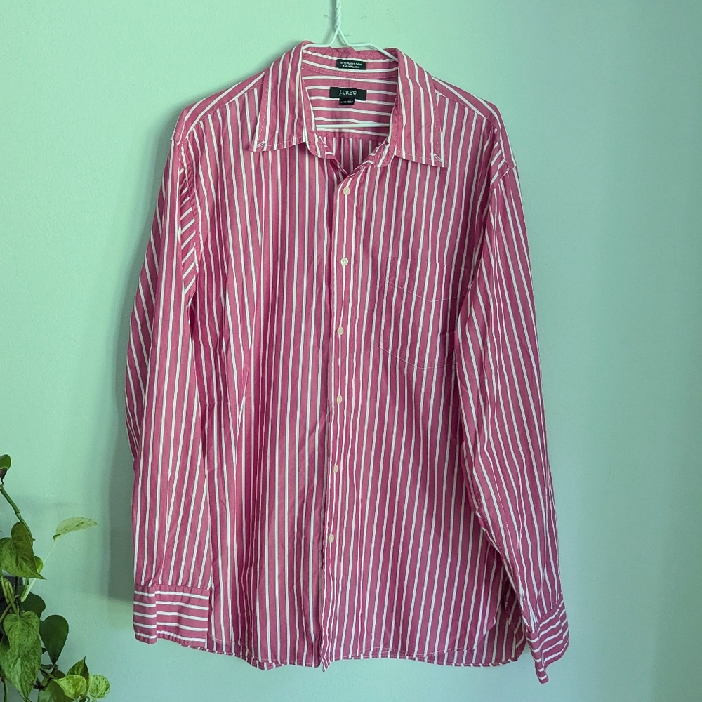 Y2K Vtg J.Crew Men's Large Pink Stripe Cotton Long Sleeve Button Down Shirt 130